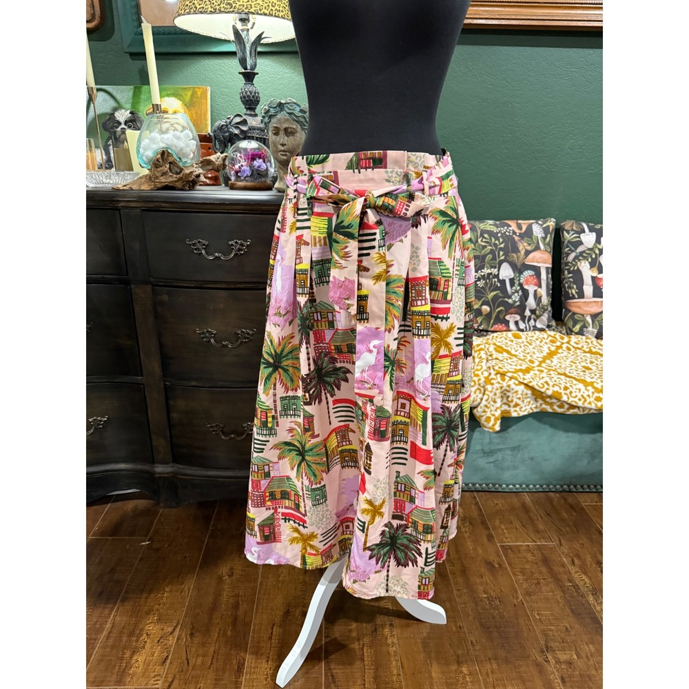 Her Destiny Pink Tropical Beach House Palm Tree Midi Skirt Paperbag Waist M